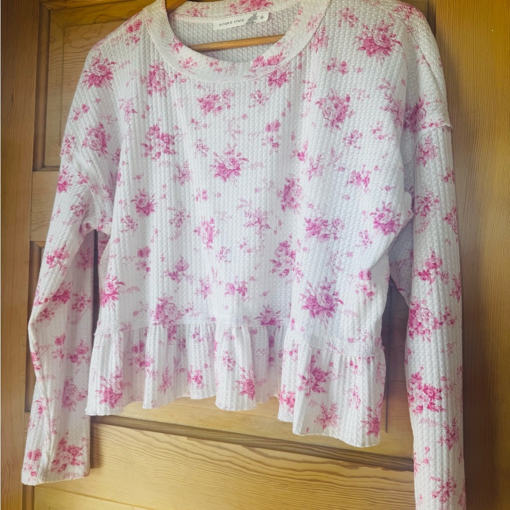 Floral Pink and White Cropped Peplum Style Top
